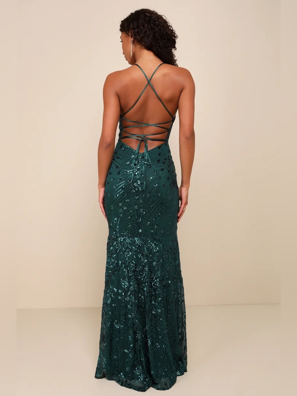 Lulus Photo Finish Forest Green Sequin Lace-Up Maxi Dress XS